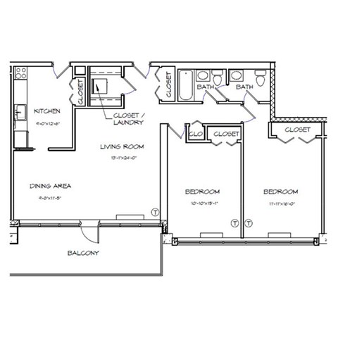 Floor plan for 2 beds, 1.5 baths, 1159 sqft